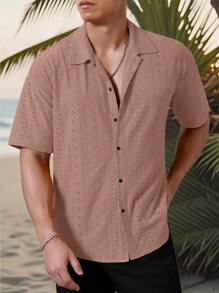 Manfinity Homme Men's Vacation Casual Style, INS Matched With A Knitted Black And White Geometric Striped Crochet Textured Jacquard Loose Short-Sleeve Shirt. Featuring A Button Placket, This Shirt Embodies French Elegance And Romance, Making It Perfect For Hawaiian Beach Vacations, As Well As Music Festivals And Everyday Wear. It Also Serves As An Ideal Gift For Boyfriends Or Husbands. Men's Striped Short Sleeve Single-Breasted Casual Commuter Shirt, Cool Shirts For Men, Nice Shirts For Men, Men's Fashion Shirts - Dusty Pink - View 3