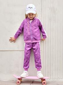 SHEIN Girls 2pcs Sporty Set - Purple Vintage Logo Hoodie Jacket & Comfortable Jogger Pants, Casual Sportswear Outfit For Young Girl