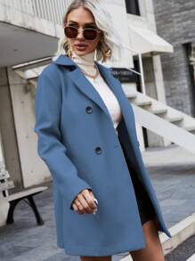 SHEIN Clasi Áo khoác ngoài trơn màu đơn giản cài hai hàng khuy, Thu/Đông - Màu xanh bụi bặm - Xem 3