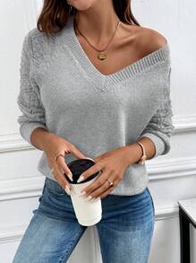 EMERY ROSE Fitted Simple Hollow Sleeve V-Neck Women Pullover Sweater, Long Sleeve Top Knit Pullover Fall Winter - Grey - View 4