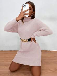 SHEIN LUNE Váy len dệt kim đơn giản cổ cao màu trơn cho nữ, mặc thường ngày - Màu Hồng baby - Xem 7