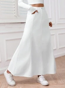 EMERY ROSE Women's Solid Color Pocket Casual Versatile Long Denim Skirt - White - View 6