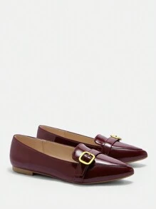 CUCCOO CURVES Wide Fit Flat Round Toe Buckle Strap Fashion Casual Shoes, White - Burgundy - View 2