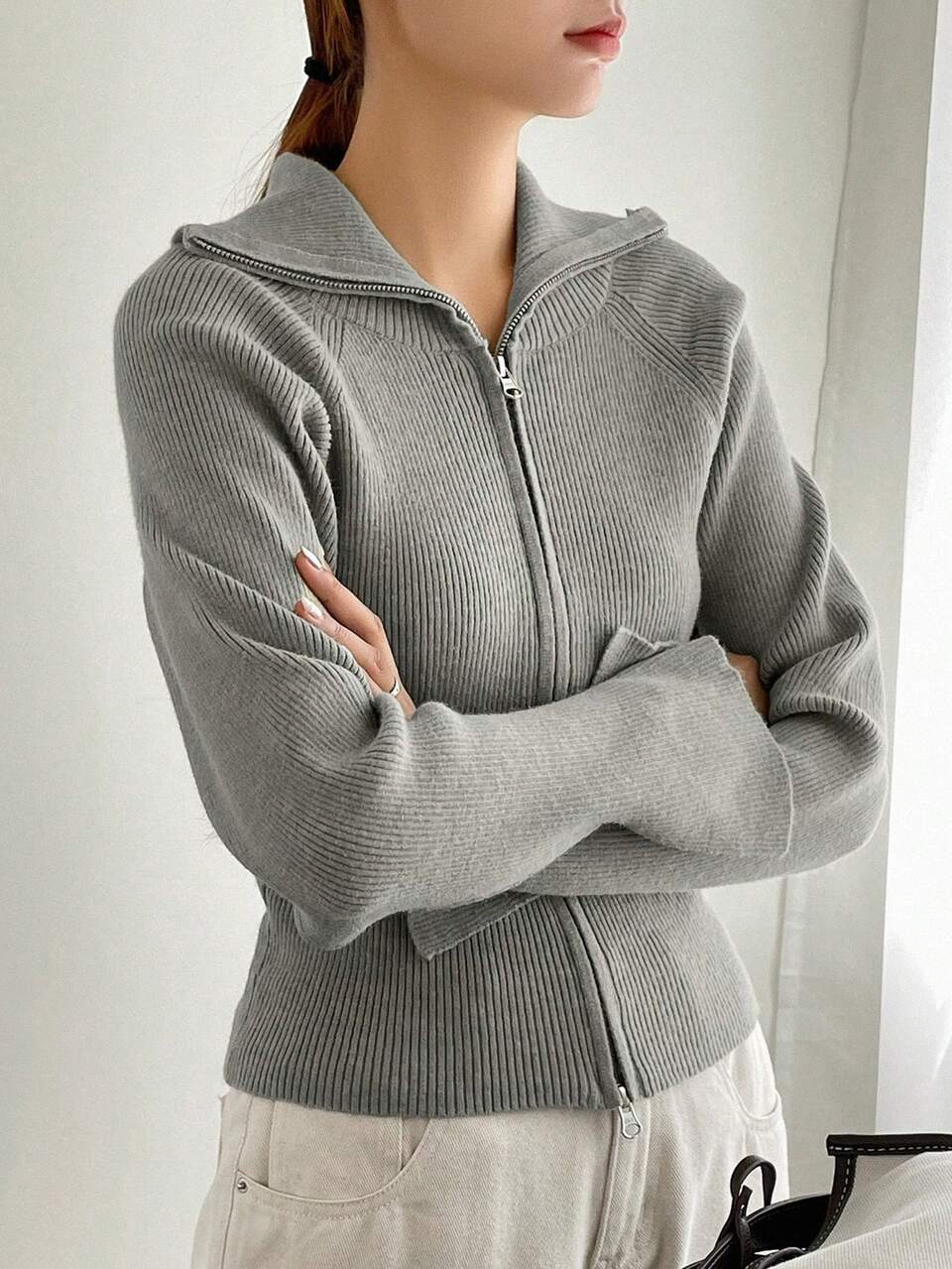 Solid Color Zip-Up Lapel Business Casual Women Cardigan,Fall Clothes Jacket