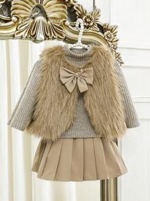 SHEIN Conjunto de 3 piezas para bebé niña: Top cálido y elegante con pelaje, Top cómodo y falda plisada, para otoño/invierno - Albaricoque - Ver 3