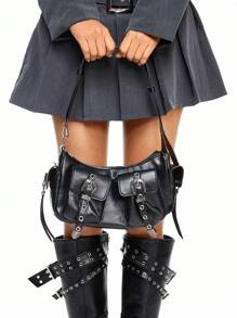 ROMWE Goth Túi đeo vai phong cách xe máy cổ điển dành cho nữ, Túi đeo nách thời trang Y2K phong cách đường phố - màu đen - Xem 1