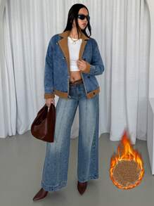 SHEIN Essnce 女士纯色前扣口袋休闲长袖牛仔夹克保暖加厚牛仔布 - 藍色 - 查看 2