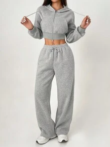 SHEIN PETITE Women's Gray Hooded Sweatshirt & Pants Two-Piece Set