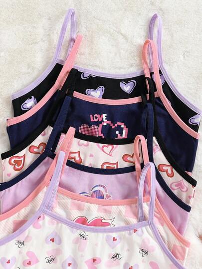 SHEIN 6 件装少女简约时尚心形印花棉质吊带背心内衣套装