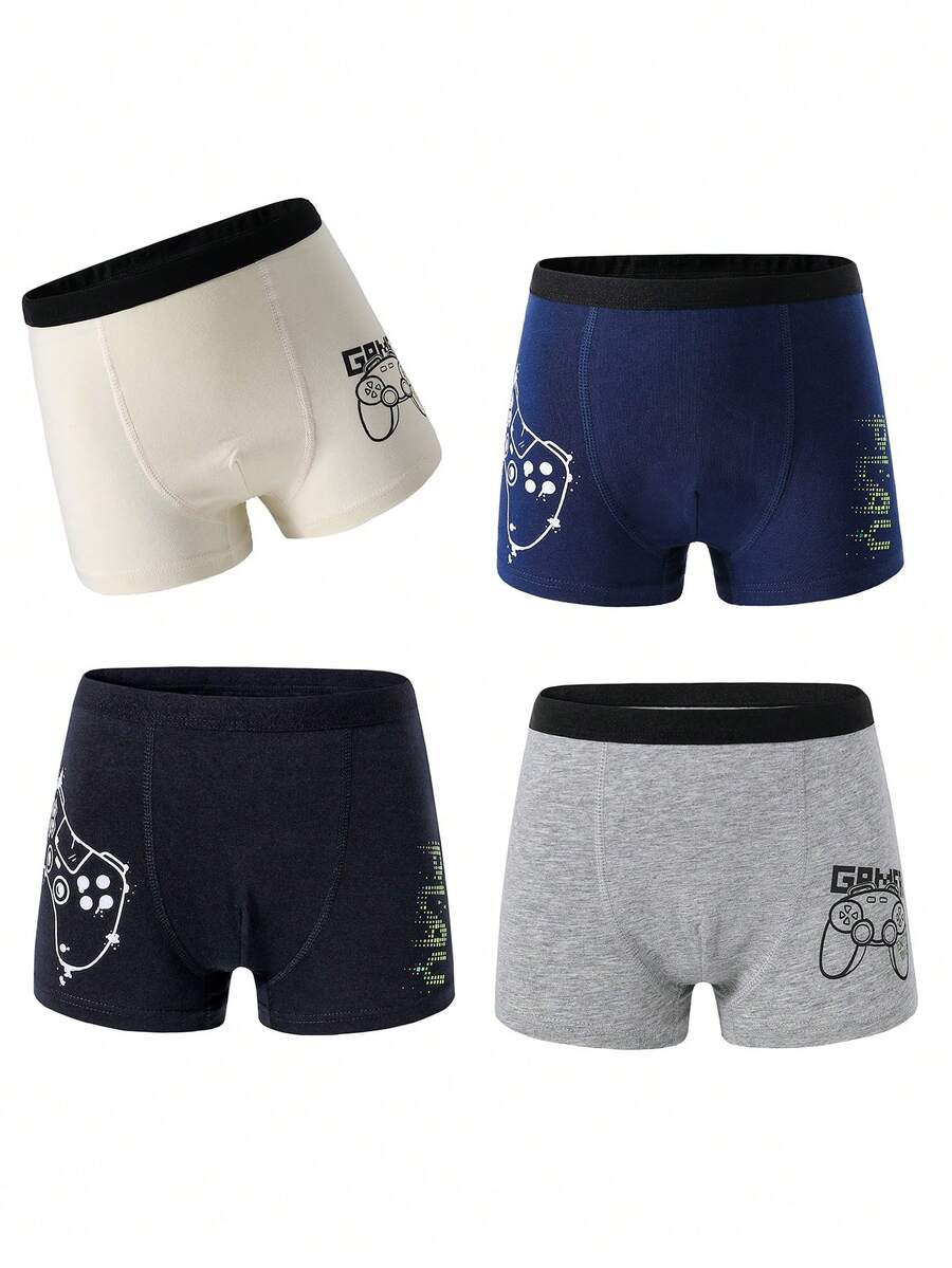 SHEIN Bộ 4 quần lót cotton họa tiết trò chơi cổ điển & in chữ đơn giản thoải mái cho bé trai - Nhiều màu - Xem 1