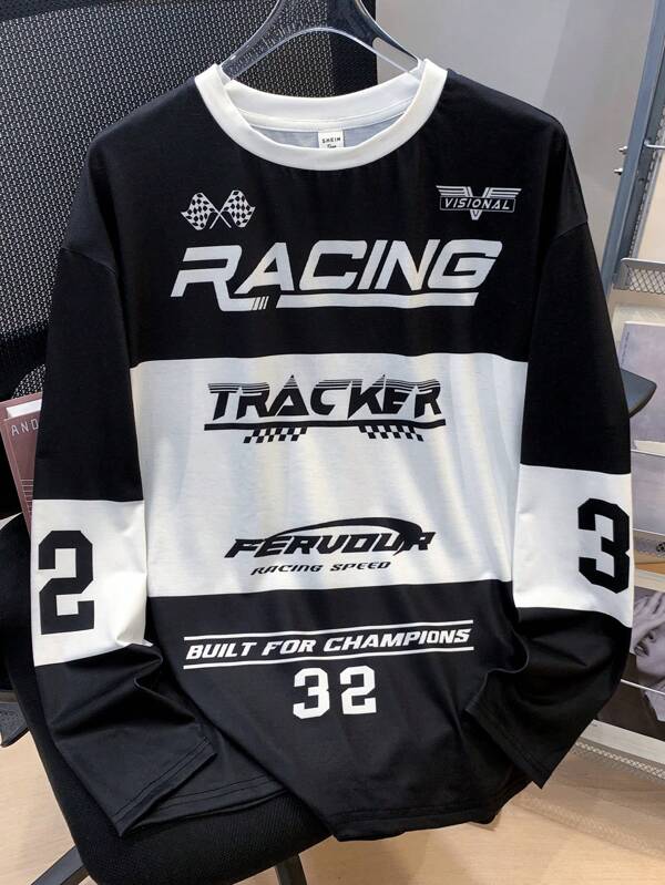 SHEIN Camiseta de manga larga de estilo de calle para adolescentes con gráfico de letras, cuello redondo, sobredimensionada. Económica, se puede combinar con pantalones, pantalones de chándal, chaqueta, bomber, camisa abotonada, pantalones blancos de entrenamiento, carreras