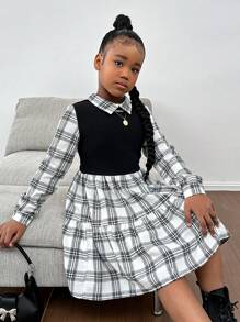 SHEIN Leap Crew Tween Girls Casual Street Style Black & White Plaid Patchwork Ruched Flared Hem Collar Long Sleeve Dress, Suitable For Autumn/Winter - Black - View 4