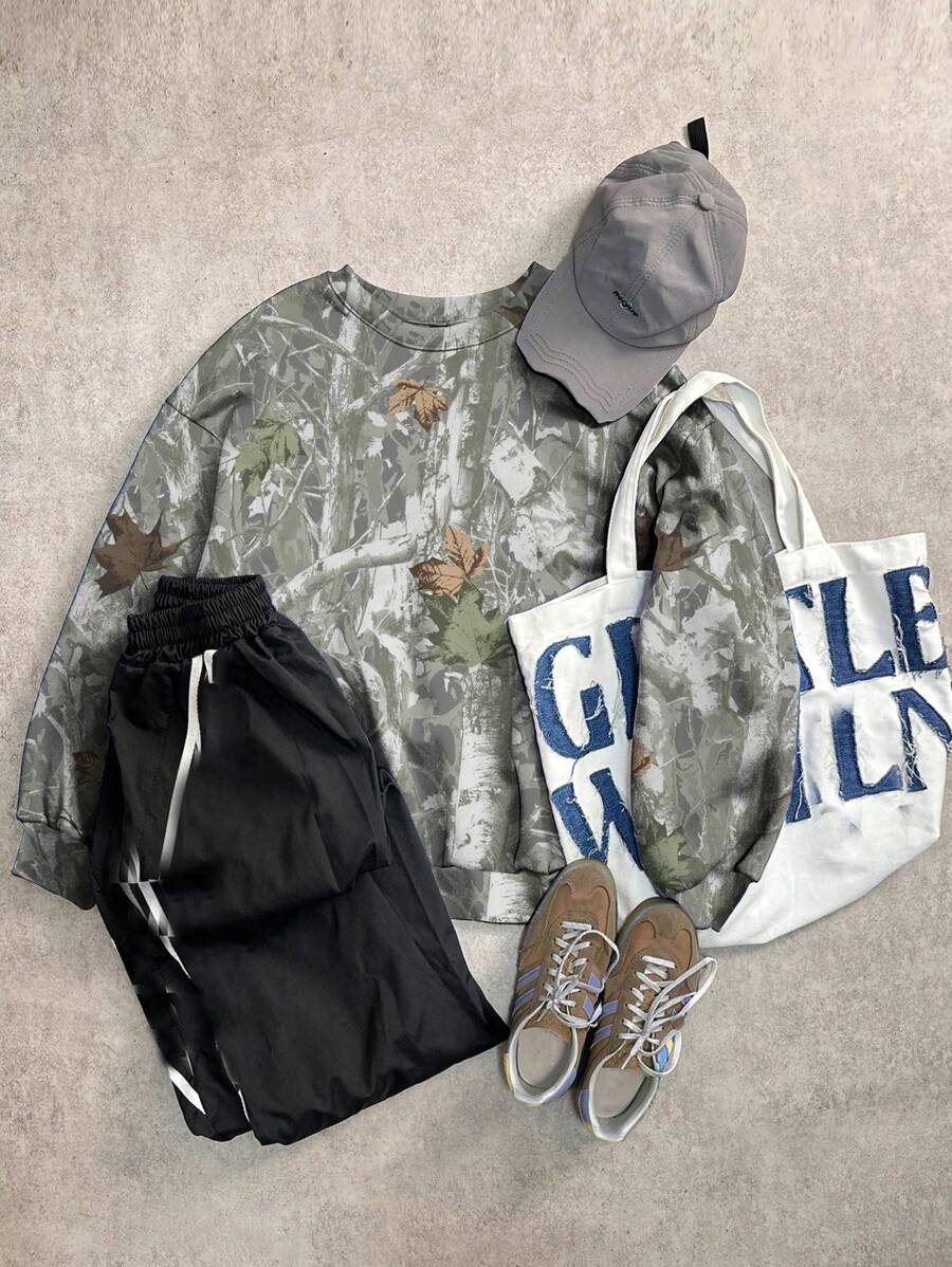 Attitoon Camo Branch Graphic Casual Streetwear Minimalist Printed Loose Fit Long Sleeve Sweatshirt For Women, Summer - Army Green - View 1
