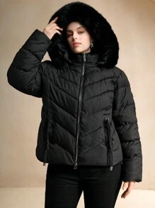 Anewsta Plus Size Women Fashion Minimalist Hooded Jacket, For Winter Fall Autumn