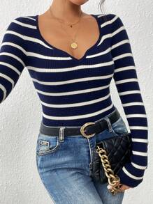 Chiquease Women Casual Everyday Notched Collar Striped Fitted Long Sleeve Sweater, Autumn/Winter - Royal Blue - View 1