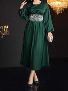 Modelyn 优雅水晶装饰收腰灯笼袖连衣裙，秋季长款晚礼服