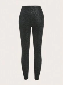 SHEIN EZwear 2pcs Set Novelty Leopard Pattern Knit Leggings And Sports , Autumn - Black - View 7