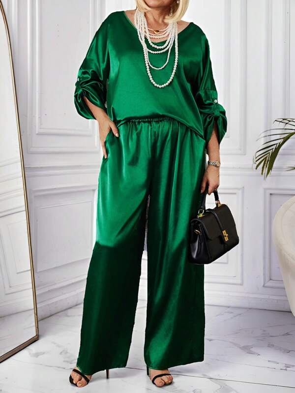 EMERY ROSE 2pcs Plus Size Women V-Neck Roll Sleeve Blouse & Pants Set