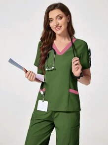 TaskEZ Bộ đồng phục quần áo sơ mi và quần tây tối giản chắp vá tay ngắn màu trơn - xanh quân đội - Xem 8