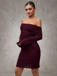 SHEIN BAE Women's Solid Color One-Shoulder Long Sleeve Fitted Elegant Sweater Dress For Autumn Vintage Burgundy Sweater Dress Hollowed Costumes Thanksgiving Women Outfit Christmas Women Dress Halloween Women Dress Elegant Women Dresses Women Sweater Dresses Sexy Red Dress Thanksgiving Outfit Cat Woman Costume Ugly Christmas Sweater - Coffee Brown - View 4