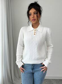 Chiquease Áo len dệt kim màu trơn đơn giản ôm vừa vặn cho mùa thu/đông - trắng - Xem 3