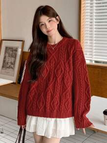 DAZY Women's Solid Color Drop Shoulder Long Sleeve Twist Knit Sweater, Autumn/Winter