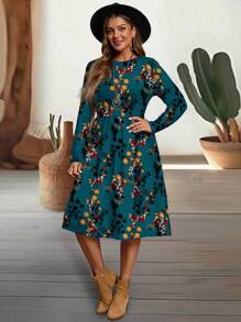 EMERY ROSE Lässiges marineblau gemustertes Kleid mit Schlankheitsmuster und Rundhalsausschnitt in Langarmform in Große Größen, geeignet für Herbst und Winter