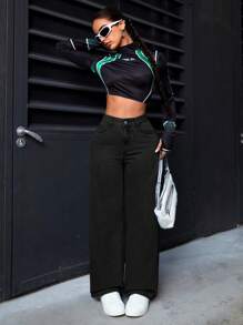 SHEIN PETITE Quần jeans nữ ống rộng màu trơn có lớp lót giữ nhiệt, thích hợp mặc trong dịp Lễ Tạ ơn và Giáng sinh, chất liệu denim dày dặn. - màu đen - Xem 4