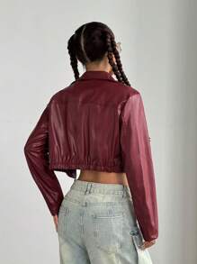 SHEIN Unity Halloween Cropped Burgundy Leather Zip-Up Jacket, Autumn/Winter - Burgundy - View 2