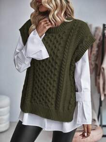 EMERY ROSE Women Casual Solid Color Side Slit Vest Sweater, Autumn - Army Green - View 4