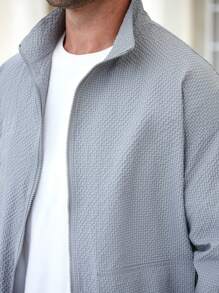 Manfinity Homme Áo khoác dài tay cổ đứng màu trơn có khóa kéo thường ngày - Màu Xám nhạt - Xem 2