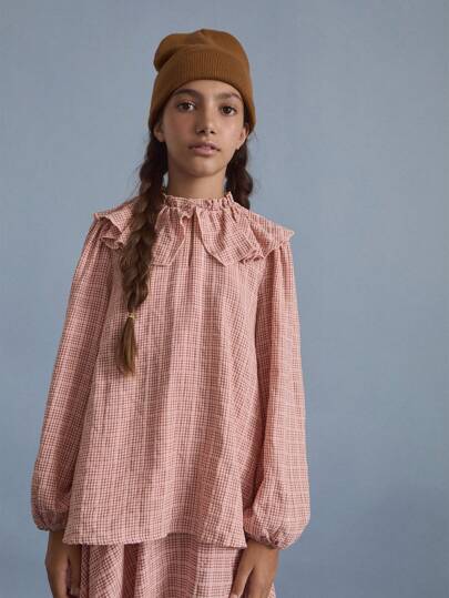 SHEIN Tween Girls Pink Plaid Elastic Waist Flared A-Line Cute Skirt, Autumn/Winter