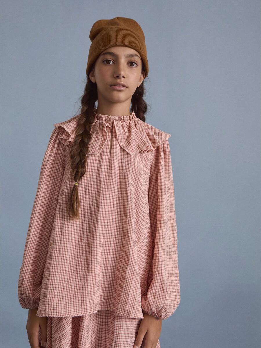 SHEIN Tween Girls Pink Plaid Elastic Waist Flared A-Line Cute Skirt, Autumn/Winter - Pink - View 1