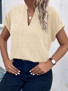 SHEIN LUNE Plus Size Casual Solid Color Textured Notched Collar Batwing Blouse - Apricot - View 4