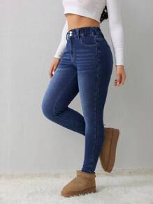 SHEIN Tall CURVE Roupas Plus Size para Outono, Inverno, Halloween, Natal, Streetwear, Casual Elegante, Estilo Country, Vintage, Modesto, Negócios Casuais, Roupas de Trabalho para Mulheres, Roupas de Professor, Roupas de Igreja para Mulheres, Denim Forrados Termicamente, Denim Skinny Azul com Bolsos, Denim Skinny de Cintura Alta com Stretch para Conforto Diário, Denim Skinny de Lavagem Escura Clássica, Perfeito para Looks Casuais e Noturno