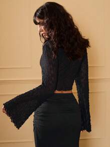 Opulessa Elegante e sexy top a maniche lunghe con fiocco davanti, in maglia tinta unita, adatto per feste di Natale e cocktaifestaty in autunno e inverno