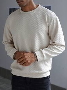 Manfinity Homme 大码男士休闲纯色纹理运动衫，秋季 - 杏色 - 查看 4