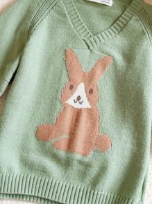 Blossori Young Girls Cartoon Rabbit Print V-Neck Long Sleeve Sweatshirt - Green - View 4