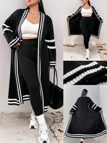 Elenzga Cárdigan largo informal de talla grande con bloques de color y rayas, otoño/invierno - Negro - Ver 1