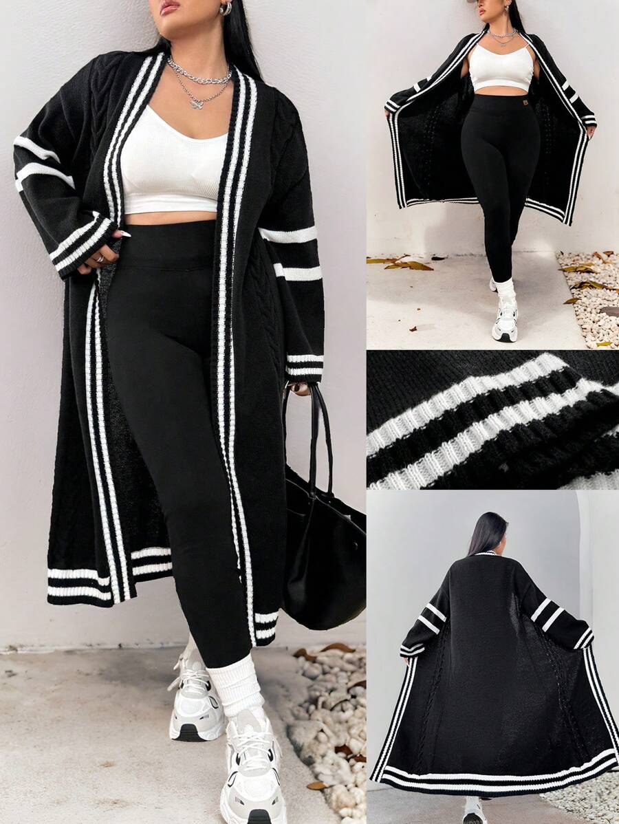 Elenzga 大码休闲拼色条纹长款开衫，秋冬 - 黑色 - 查看 1