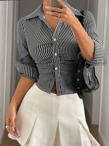 LYSMO Women's Casual Long Sleeve Striped Ruched Blouse For Spring & Summer