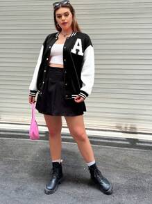 Sunspun Plus Size Color Block Letter Patch Baseball Jacket, Casual For Autumn/Winter Fall Cloth For Women