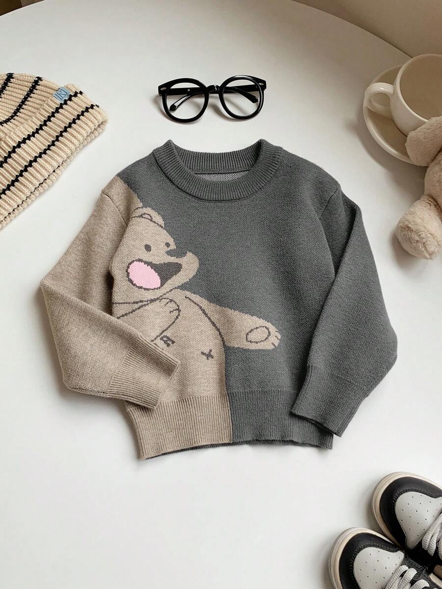 SHEIN 男婴可爱卡通熊图案圆领长袖毛衣，秋冬季休闲装 - 黑色 - 查看 1
