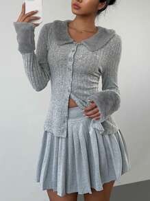SHEIN SXY 2pcs Women Fluffy Panel Long Sleeve Open Front T-Shirt And Gathered Waist Skirt Set, For Autumn/Winter - Grey - View 3