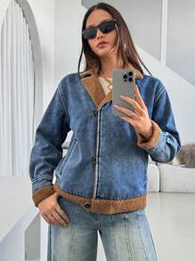 SHEIN Essnce 女士纯色前扣口袋休闲长袖牛仔夹克保暖加厚牛仔布 - 藍色 - 查看 4