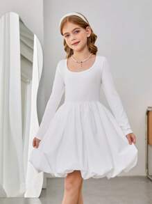 SHEIN Tween Girls Fashionable Solid White Color Ballet Style Round Neck Long Sleeve Mini Puffy Dress, Suitable For Christmas Party, School Event, Fall Winter Dress - White - View 5