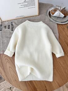 SHEIN LMoss Kids LMoss Baby Girl Cute Minimalist Beige Long Sleeve Sweater Dress, Autumn/Winter