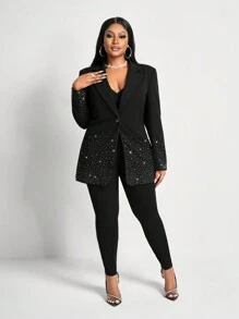 Slaydiva 新款情人节、新年派对、活动、时尚高端水晶装饰长袖纯黑色优雅休闲西装外套，女士款 - 黑色 - 查看 9