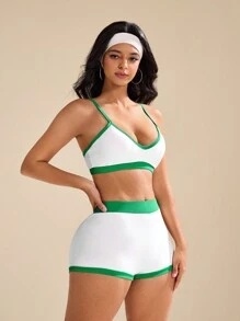 SHEIN Sport Studio Women Contrast Color Trim Camisole Top And Shorts Summer Sports Suit