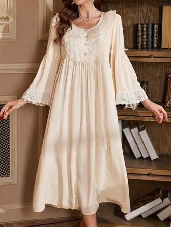 PalaceNights 3D 花卉褶饰前开式圆领超大喇叭袖女式睡袍娃娃装奢华家居服，Moo Moo 睡裙，秋季